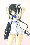  adjusting_hair arm_ribbon armpits arms_up black_hair blue_eyes blue_ribbon bow breasts cleavage cleavage_cutout covered_navel dress dungeon_ni_deai_wo_motomeru_no_wa_machigatteiru_darou_ka gloves hair_ornament hair_ribbon hestia_(danmachi) highres large_breasts long_hair looking_at_viewer panties rei_no_himo ribbon shiromochi short_dress sleeveless sleeveless_dress solo twintails underwear very_long_hair white_dress white_gloves white_panties 