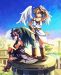  2boys black_hair blue_sky brown_hair cloud dark_pit kid_icarus kid_icarus_uprising multiple_boys nintendo palutena pillar pit_(kid_icarus) sky statue toga u310 wusagi2 