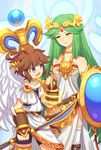  1girl blue_eyes breasts brown_hair green_hair kid_icarus kid_icarus_uprising long_hair medium_breasts palutena pit_(kid_icarus) short_hair smile wings wusagi2 