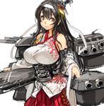  bare_shoulders black_hair breasts detached_sleeves fusou_(kantai_collection) hair_ornament hakama_skirt headband japanese_clothes kantai_collection large_breasts long_hair long_sleeves machinery perky_breasts red_eyes remodel_(kantai_collection) sachito simple_background skirt solo turret white_background wide_sleeves 