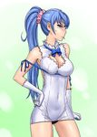  blue_eyes blue_hair blue_ribbon blush breasts cleavage cleavage_cutout cosplay covered_navel dungeon_ni_deai_wo_motomeru_no_wa_machigatteiru_darou_ka gloves hand_on_hip hestia_(danmachi) hestia_(danmachi)_(cosplay) kawasaki_saki large_breasts long_hair mole mole_under_eye panties pantyshot ponytail rei_no_himo ribbon scrunchie solo sweatdrop ta_(ppsh-1941) underwear yahari_ore_no_seishun_lovecome_wa_machigatteiru. 