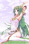  aramachi breasts dress green_eyes green_hair highres kid_icarus kid_icarus_uprising long_hair looking_at_viewer medium_breasts open_mouth palutena side_slit sitting smile solo white_dress white_legwear 