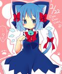  ? animal_ears bad_id bad_pixiv_id bell bell_collar blue_eyes blue_hair blush bow bowtie cat_day cat_ears cirno collar collared_shirt dated dress embarrassed hair_bow hair_ribbon ice ice_wings kemonomimi_mode large_bow looking_down paw_pose paw_print puffy_short_sleeves puffy_sleeves ribbon shirt short_hair short_sleeves solo spoken_question_mark tail tail_bow touhou uguisu_mochi_(ykss35) wings 