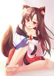  animal_ears barefoot blush breasts brooch brown_hair dress feet highres imaizumi_kagerou jewelry large_breasts long_hair long_sleeves niiya open_mouth panties pantyshot red_eyes solo tail touhou underwear wide_sleeves wolf_ears wolf_tail 