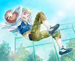  basketball blonde_hair cak_nakatsu child child_gilgamesh fate/hollow_ataraxia fate_(series) full_body gilgamesh hood hoodie male_focus open_mouth red_eyes shorts solo younger 