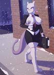  anthro anthrofied big_breasts breasts briefcase canine coffee digitigrade exposed_breasts eyewear legendary_pok&eacute;mon mammal mewtwo necktie nintendo ocho outside pok&eacute;ball pok&eacute;mon purple_eyes silhouette snow snowing video_games wide_hips 