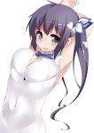  arms_up black_hair blue_eyes blue_ribbon breasts cleavage covered_navel dungeon_ni_deai_wo_motomeru_no_wa_machigatteiru_darou_ka hestia_(danmachi) large_breasts long_hair looking_at_viewer open_mouth rei_no_himo ribbon simple_background skindentation solo tera_zip twintails white_background 