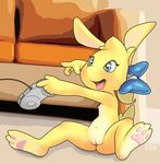  anthro b-ern blue_eyes bow breasts controller cub cute female fur holding holding_controller inside lagomorph mammal nude open_mouth paws pussy sitting sofa solo spread_legs spreading tongue tongue_out video_games yellow_fur young 