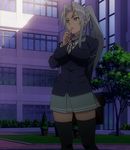  1girl highres kiba_mikoto miniskirt school_uniform screencap short_skirt skirt solo standing stitched thighhighs triage_x white_hair yellow_eyes 