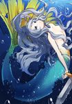  air_bubble blue_eyes bubble deep_wound grey_hair hair_censor hair_over_breasts highres injury juugonichi_(wheeliex2) long_hair looking_up mermaid monster_girl original scales solo sword tears topless underwater weapon 