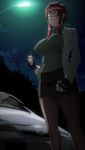  1girl breasts brown_hair car female glasses green_eyes highres large_breasts long_hair miniskirt motor_vehicle night panties screencap short_skirt skirt solo standing stitched suzue_konomi triage_x underwear upskirt 