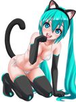  animal_ears aqua_eyes aqua_hair arm_support bikini black_footwear boots cat_ears cat_tail elbow_gloves gloves hatsune_miku kneeling long_hair looking_at_viewer o-minato open_mouth paw_pose side-tie_bikini simple_background solo swimsuit tail thigh_boots thighhighs twintails very_long_hair vocaloid white_background white_bikini 