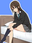  barefoot black_legwear blush brown_hair cardigan dressing earrings green_eyes idolmaster idolmaster_cinderella_girls jewelry kneehighs long_hair long_legs looking_at_viewer necktie open_mouth school_uniform shibuya_rin single_sock sitting skirt sock_pull socks solo tokita_arumi 