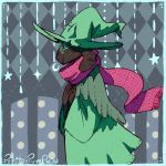  2018 abstract_background ambiguous_gender anthro black_fur blue_background caprine clothed clothing deltarune digital_media_(artwork) empty_eyes eyewear floppy_ears fully_clothed fur glasses goat green_hat hat mammal moon petite-pumpkin pink_scarf portrait ralsei robe scarf shadow side_view signature simple_background smile solo standing star video_games white_eyes witch_hat 