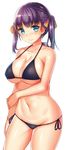  bikini bikini_bottom bikini_top blue_eyes breasts cleavage collarbone cowboy_shot huge_breasts looking_at_viewer midriff mokyu navel purple_hair sennen_sensou_aigis shiny shiny_skin short_twintails side-tie_bikini smile solo strap_gap string_bikini swimsuit twintails 