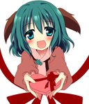  :d animal_ears bad_id bad_pixiv_id blush box dog_ears green_eyes green_hair heart-shaped_box kasodani_kyouko looking_at_viewer open_mouth pov short_hair smile solo tareme touhou uguisu_mochi_(ykss35) 