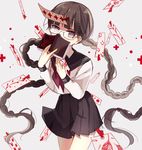  ascot bangs blunt_bangs book boyano braid brown_hair covering_mouth glasses grey_background long_hair looking_at_viewer ofuda open_book original purple_eyes school_uniform semi-rimless_eyewear serafuku simple_background skirt solo twin_braids under-rim_eyewear very_long_hair 