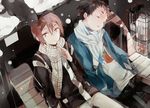  bag bench black_cat brown_hair cat closed_eyes finger_to_mouth free! from_above hands_in_pockets looking_at_viewer male_focus matsuoka_rin multiple_boys open_mouth plaid plaid_scarf red_eyes red_hair scarf shushing sitting sleeping snow snowing striped striped_scarf suou yamazaki_sousuke younger 