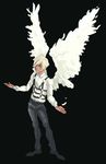  1boy angel_wings bigbang black_background black_shoes blonde_hair daesung dress_shirt feathered_wings full_body hair_over_one_eye harness k-pop long_sleeves male male_focus shirt shoes short_hair simple_background solo standing white_shirt wings 