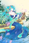  absurdres amiemie animal bare_shoulders blue_hair breasts bug bush butterfly cleavage collarbone etwahl highres huge_breasts insect instrument leaf league_of_legends long_hair multicolored_hair outstretched_arm plant profile sitting sona_buvelle twintails very_long_hair 