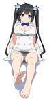  barefoot black_hair blue_eyes blue_ribbon breasts cleavage cleavage_cutout dress dungeon_ni_deai_wo_motomeru_no_wa_machigatteiru_darou_ka feet hair_ribbon hestia_(danmachi) hyouju_issei jpeg_artifacts large_breasts long_hair looking_at_viewer panties pantyshot rei_no_himo ribbon twintails underwear white_dress 