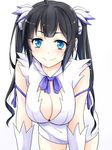  all_fours arm_ribbon black_hair blue_eyes blue_ribbon blush bow breasts cleavage cleavage_cutout covered_navel dress dungeon_ni_deai_wo_motomeru_no_wa_machigatteiru_darou_ka gloves hair_ornament hair_ribbon hestia_(danmachi) kachirou large_breasts long_hair looking_at_viewer rei_no_himo ribbon short_dress simple_background sleeveless sleeveless_dress smile solo twintails white_background white_dress white_gloves 