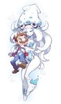  1girl blooper blue_eyes brown_hair facial_hair gebyy-terar hat height_difference highres hug hug_from_behind mario mario_(series) mustache no_hat no_headwear overalls personification squid squid_hat super_mario_bros. tentacle_hair white_hair white_skin 