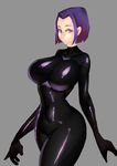  bodysuit breasts dc_comics grey_background highres large_breasts looking_at_viewer purple_eyes purple_hair raven_(dc) short_hair simple_background skin_tight solo teen_titans wide_hips zxc 