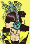  1girl 2ne1 bun character_name cl_(2ne1) copyright_name hair_bun headphones k-pop peacock_feathers profile solo sunglasses 