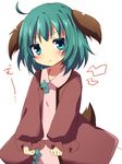  :t ahoge animal_ears annoyed bad_id bad_pixiv_id blush clenched_hands cowboy_shot dog_ears dog_tail dress green_eyes green_hair kasodani_kyouko looking_at_viewer pout short_hair solo tail touhou uguisu_mochi_(ykss35) 