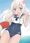  blonde_hair blue_eyes crop_top flower hair_flower hair_ornament kantai_collection lifebuoy long_hair one-piece_swimsuit ozaki_mirai ro-500_(kantai_collection) sailor_collar school_swimsuit swimsuit swimsuit_under_clothes tan tanline 