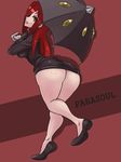  ass breasts brown_eyes character_name from_behind highres large_breasts legs looking_at_viewer looking_back parasoul_(skullgirls) red_background red_hair shiva_(johan-s) skullgirls solo thighs umbrella 