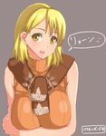  ashley_graham blonde_hair breasts brown_background brown_eyes copyright_name crossed_arms large_breasts looking_at_viewer mikaponcho orange_shirt resident_evil resident_evil_4 ribbed_sweater scarf shirt short_hair simple_background smile sweater translated upper_body 