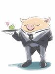  alcohol alpacapala ambiguous_gender beverage butler cupcake eyes_closed food fur mankey necktie nintendo plain_background pok&eacute;mon solo standing suit tan_fur video_games wine 