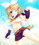  arm_warmers blonde_hair blue_eyes blush breasts crop_top day feathered_wings hair_ornament hair_ribbon hairclip headset kagamine_rin leg_warmers looking_at_viewer marker_(medium) mimoto_toiimasu navel one_eye_closed ribbon sailor_collar short_hair shorts sky small_breasts smile solo traditional_media treble_clef underboob vocaloid wings 