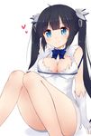  absurdres black_hair blue_eyes blue_ribbon breasts dress dungeon_ni_deai_wo_motomeru_no_wa_machigatteiru_darou_ka hestia_(danmachi) highres long_hair medium_breasts nikitan_(niki) rei_no_himo ribbon solo twintails 