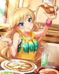  bare_shoulders blonde_hair blue_eyes blush bracelet cheese_trail cup drinking_straw eating food holding holding_pizza idolmaster idolmaster_cinderella_girls jewelry long_hair nail_polish ootsuki_yui pizza pizza_cutter plate ring salad sitting sleeveless slice_of_pizza smile solo tank_top 