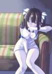  arm_ribbon bare_shoulders black_hair blue_eyes blue_ribbon blush bow breasts cleavage cleavage_cutout couch covered_nipples dress dungeon_ni_deai_wo_motomeru_no_wa_machigatteiru_darou_ka gloves hair_ornament hair_ribbon hand_to_own_mouth hestia_(danmachi) large_breasts long_hair on_couch pontou rei_no_himo ribbon short_dress sleeveless sleeveless_dress solo tearing_up twintails white_dress white_gloves 