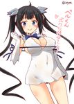  ahoge black_hair blue_eyes blue_ribbon breasts cleavage dress dungeon_ni_deai_wo_motomeru_no_wa_machigatteiru_darou_ka elbow_gloves gloves hair_ornament hestia_(danmachi) large_breasts long_hair looking_at_viewer rei_no_himo ribbon simple_background sketch smile solo translation_request twintails twitter_username very_long_hair white_background white_dress white_gloves yua_(checkmate) 