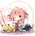  bamboo bandages bird bun_cover chibi commentary_request cuffs double_bun eagle flower ibaraki_kasen one_eye_closed open_mouth pink_flower pink_hair pink_rose piyokichi red_eyes rose shackles shirt skirt smile solo tabard tiger touhou 