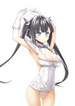  armpits bad_id bad_pixiv_id bare_legs black_hair blue_eyes blue_ribbon blush breasts cleavage cleavage_cutout dungeon_ni_deai_wo_motomeru_no_wa_machigatteiru_darou_ka gloves hair_ribbon hestia_(danmachi) highres large_breasts long_hair panties rei_no_himo ribbon rokuroku_(xd_p) simple_background solo twintails underwear white_background white_panties 