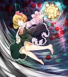  :o barefoot blonde_hair dress embellished_costume fang frilled_dress frills furim hair_ribbon highres outstretched_arm red_eyes ribbon rumia short_hair touhou 