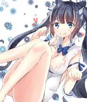  animal_ears arm_ribbon black_hair blue_eyes blue_ribbon blush bow breasts bunnyjiry_(jirynyang) cat_ears cleavage cleavage_cutout dress dungeon_ni_deai_wo_motomeru_no_wa_machigatteiru_darou_ka dutch_angle hair_ornament hair_ribbon hestia_(danmachi) large_breasts long_hair looking_at_viewer no_panties rei_no_himo ribbon smile solo sparkle twintails white_dress 