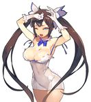  ahoge armpits arms_up blue_ribbon breasts brown_hair cleavage commentary_request cum cum_on_body cum_on_breasts cum_on_upper_body dress dungeon_ni_deai_wo_motomeru_no_wa_machigatteiru_darou_ka gloves hestia_(danmachi) large_breasts long_hair looking_at_viewer lvans rei_no_himo ribbon simple_background solo twintails very_long_hair white_background white_dress white_gloves 