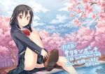  black_hair bow cherry_blossoms dutch_angle hair_ornament looking_at_viewer original petals pleated_skirt red_bow red_eyes school_uniform sitting skirt soaking_feet solo thighs water yuuri_nayuta 
