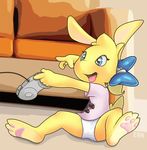  anthro b-ern blue_eyes bow clothing controller cub cute female fur holding holding_controller inside lagomorph mammal musical_note open_mouth panties paws pink_shirt shirt sitting sofa solo spread_legs spreading tag tongue tongue_out underwear video_games yellow_fur young 