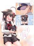  1girl :d ^_^ absurdres admiral_(kantai_collection) ahoge black_hair blush bow braid brown_hair camera casual closed_eyes comic commentary hair_bow hair_ornament hair_ribbon hat highres holding kanon_(kurogane_knights) kantai_collection open_mouth peaked_cap remodel_(kantai_collection) ribbon shigure_(kantai_collection) single_braid smile translated twin-lens_reflex_camera 