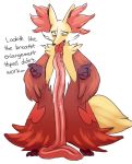  anthro delphox dialogue disappointed female fluffy fluffy_tail fur hyper hyper_tongue inner_ear_fluff long_tongue nintendo pok&eacute;mon pok&eacute;mon_(species) red_fur saliva solo standing tongue tongue_growth tongue_out unknown_artist video_games yellow_fur 
