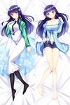  bangs barefoot bison_cangshu black_hair black_legwear blue_eyes blunt_bangs breasts casual cleavage dakimakura hair_ornament hair_ribbon highres large_breasts long_hair looking_at_viewer lying mahouka_koukou_no_rettousei multiple_views navel open_clothes open_shorts panties pillow ribbon school_uniform shiba_miyuki shorts unbuttoned underwear 