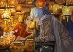  ao_hitomi arm_support axis_powers_hetalia bow brown_eyes brown_hair cherry_blossoms china_(hetalia) chinese_clothes couple dark gloves hair_bow hand_on_own_chin holding_hands lantern long_hair looking_down low-tied_long_hair male_focus multiple_boys night paper_lantern russia_(hetalia) scarf short_hair smile storefront suitcase trench_coat vase white_hair winter_clothes yaoi 
